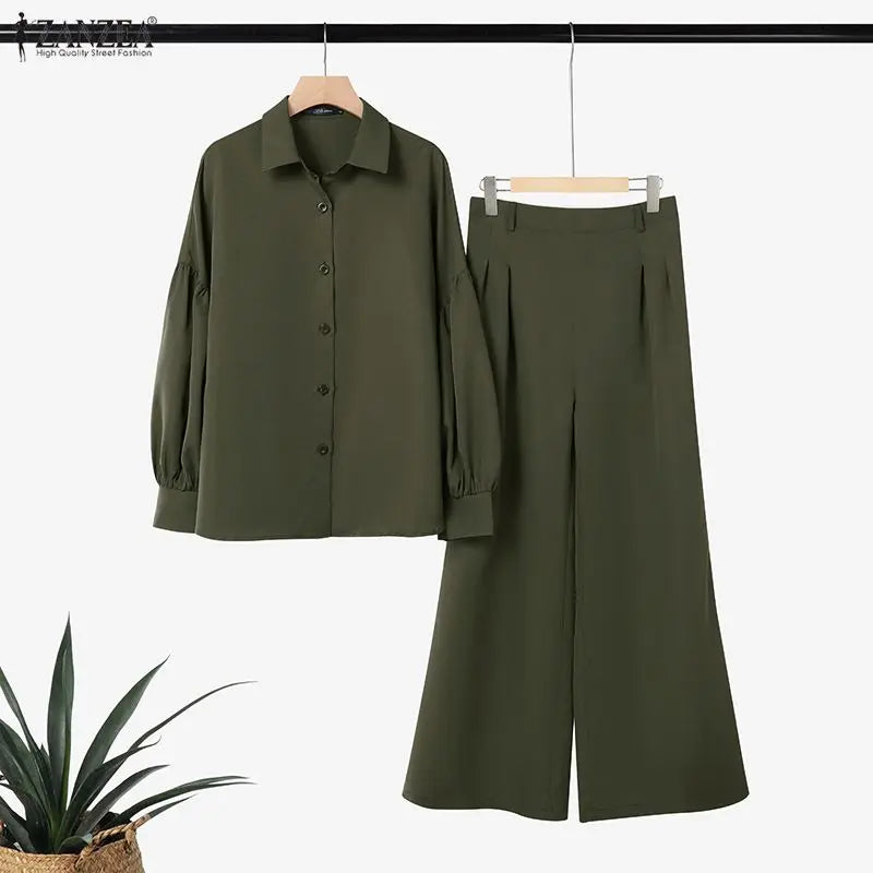 ZANZEA Women's Elegant Chic Pant Suits Lantern Sleeve Shirt & Wide Leg Pant 2 Pieces Sets Oversized Pant Sets Outfits Streetwear
