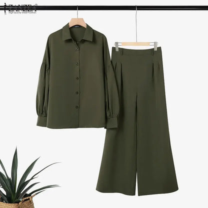 ZANZEA Women's Elegant Chic Pant Suits Lantern Sleeve Shirt & Wide Leg Pant 2 Pieces Sets Oversized Pant Sets Outfits Streetwear