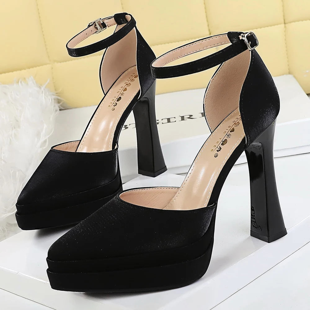 BIGTREE Shoes Double Layer Platform High Heels Women Pumps Silk Satin Chunky Heel High-heeled Sandals Women Summer Shoes 11.5 cm