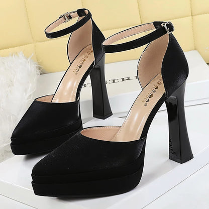BIGTREE Shoes Double Layer Platform High Heels Women Pumps Silk Satin Chunky Heel High-heeled Sandals Women Summer Shoes 11.5 cm