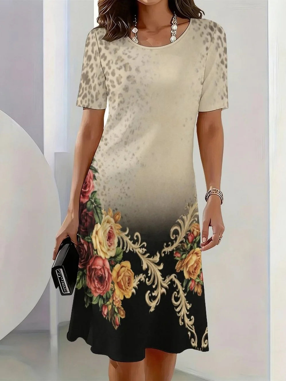 2026 New Elegant Floral Print Dresses for Women Round-Neck Short Sleeve Female Clothing Summer Travel Vacation Clothes for Woman