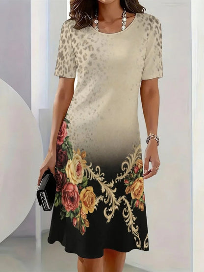 2026 New Elegant Floral Print Dresses for Women Round-Neck Short Sleeve Female Clothing Summer Travel Vacation Clothes for Woman