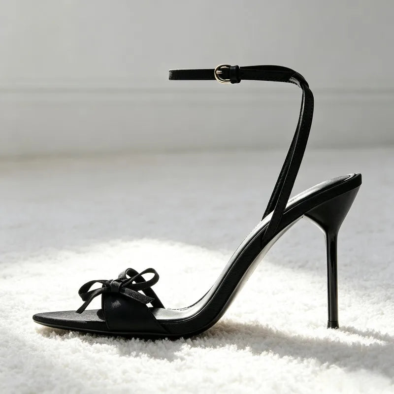 Black Bowknot Detail Satin Heeled Sandals for Women Fashion Ankle Strap Buckle Stiletto Designer Shoes Elegant Party Dress Shoes