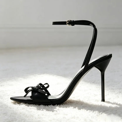 Black Bowknot Detail Satin Heeled Sandals for Women Fashion Ankle Strap Buckle Stiletto Designer Shoes Elegant Party Dress Shoes