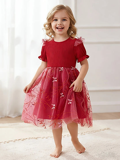 Girls' Red Butterfly Embroidery Tulle Princess Dress, Summer Puff Sleeve Dress