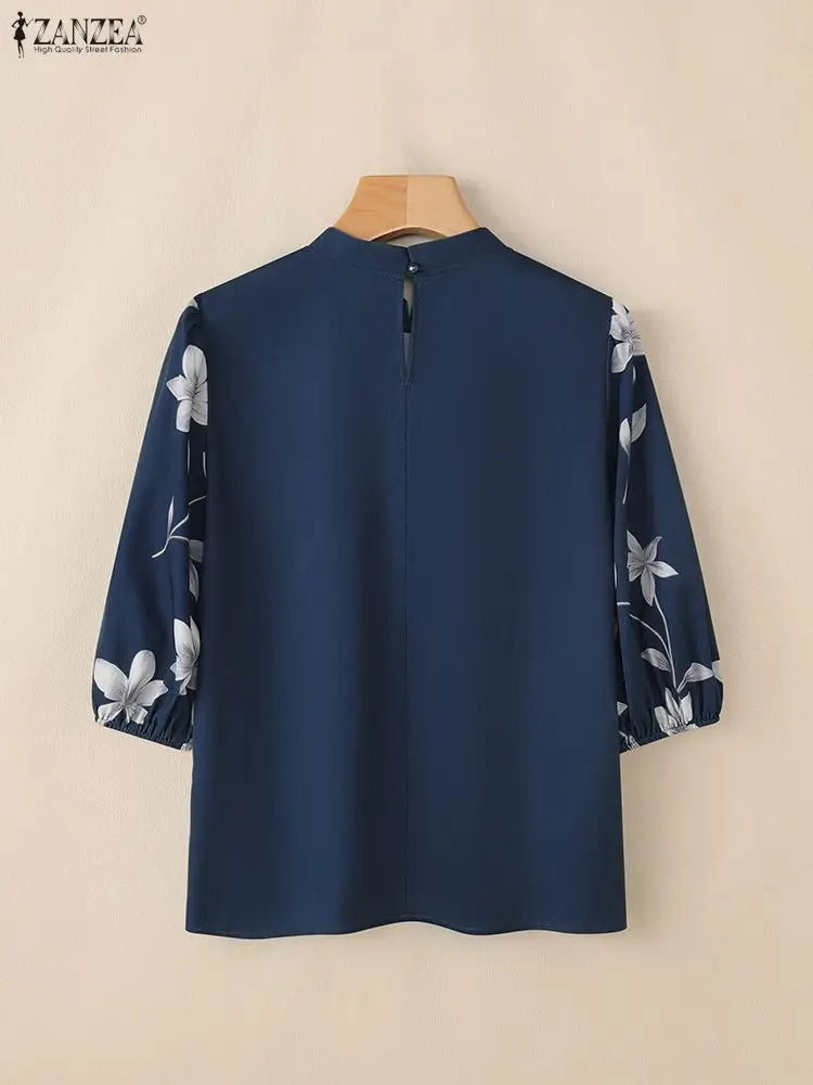 ZANZEA Elegant Women Blouses Fashion Stand Collar Floral Printed Half Lantern Sleeve Casual Tops Spring 2025 Woman Clothes S-3XL
