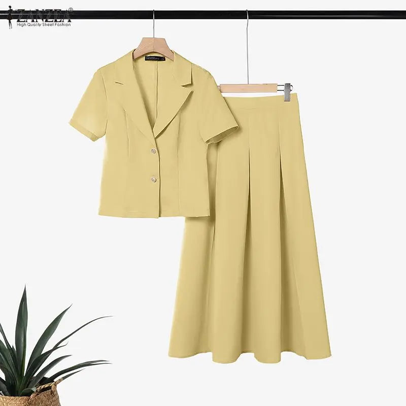 ZANZEA Women Summer 2 Piece Sets Elegant Short Sleeve Lapel Neck Blouse Dress Sets Solid A Line OL Work Skirt Suit Office Outfit