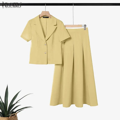 ZANZEA Women Summer 2 Piece Sets Elegant Short Sleeve Lapel Neck Blouse Dress Sets Solid A Line OL Work Skirt Suit Office Outfit