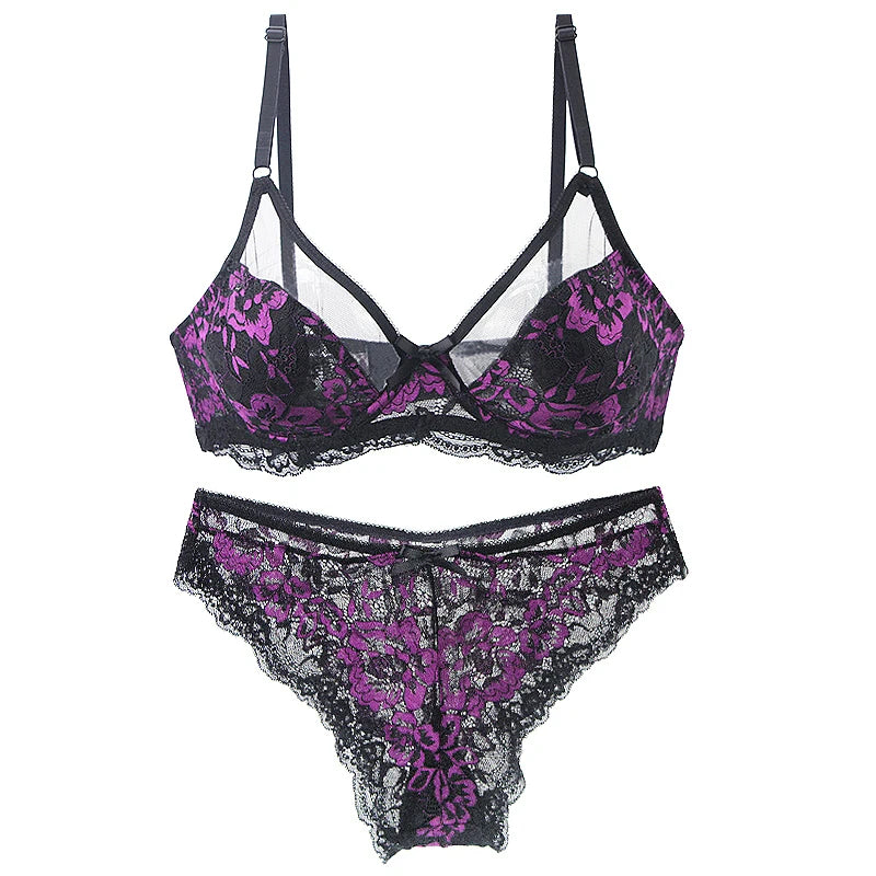 Ultra-Thin Thick Bra Sets 34/75 36/80 38/85 40/90 42/95 44/100 46/105 BCDE Cup Underwear Transparent Embroidery Lace Lingerie