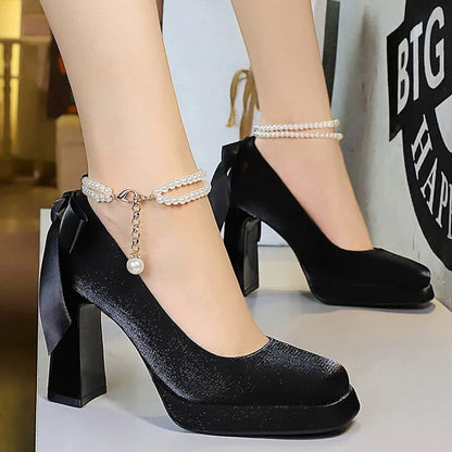 BIGTREE Shoes Pearl Chain Design Women Pumps Bowknot Silks Satins Platform High Heels Square Head Thick Heeled Shoes Women Heels