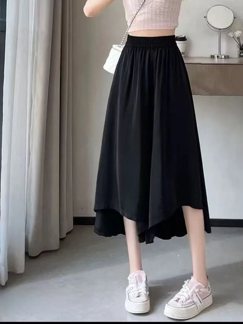 Summer New Style Thin Loose Wide Leg Seven-Quarter Skirt for plus Size Women Casual High Waist Pants Skirt Asymmetrical