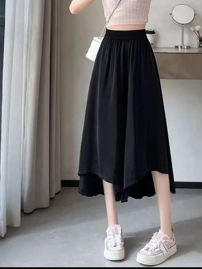 Summer New Style Thin Loose Wide Leg Seven-Quarter Skirt for plus Size Women Casual High Waist Pants Skirt Asymmetrical
