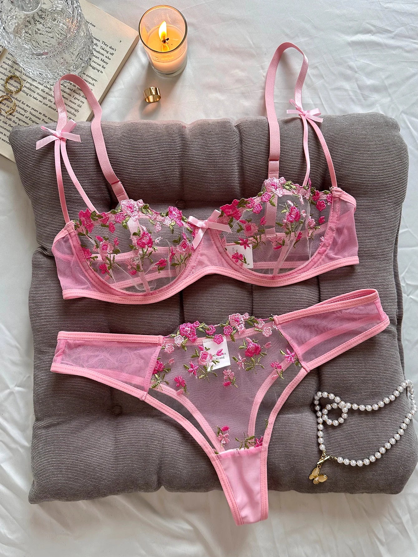 Ladies Pink Embroidered Floral Print Underwear Set Feminine Elegant Small Motif Lace Detail Comfortable Women's Nightgown