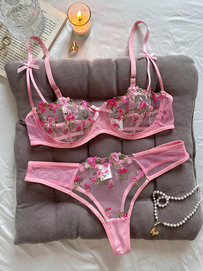 Ladies Pink Embroidered Floral Print Underwear Set Feminine Elegant Small Motif Lace Detail Comfortable Women's Nightgown