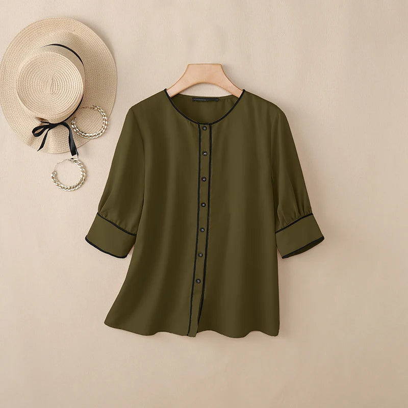 ZANZEA Women's Fashion Contrast-Trim Shirts 3/4 Sleeves O-Neck Button Up Casual Tops 2026 Summer Streetwear Chemises Femme