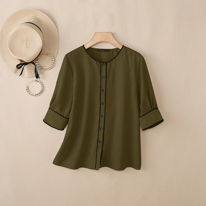 ZANZEA Women's Fashion Contrast-Trim Shirts 3/4 Sleeves O-Neck Button Up Casual Tops 2026 Summer Streetwear Chemises Femme