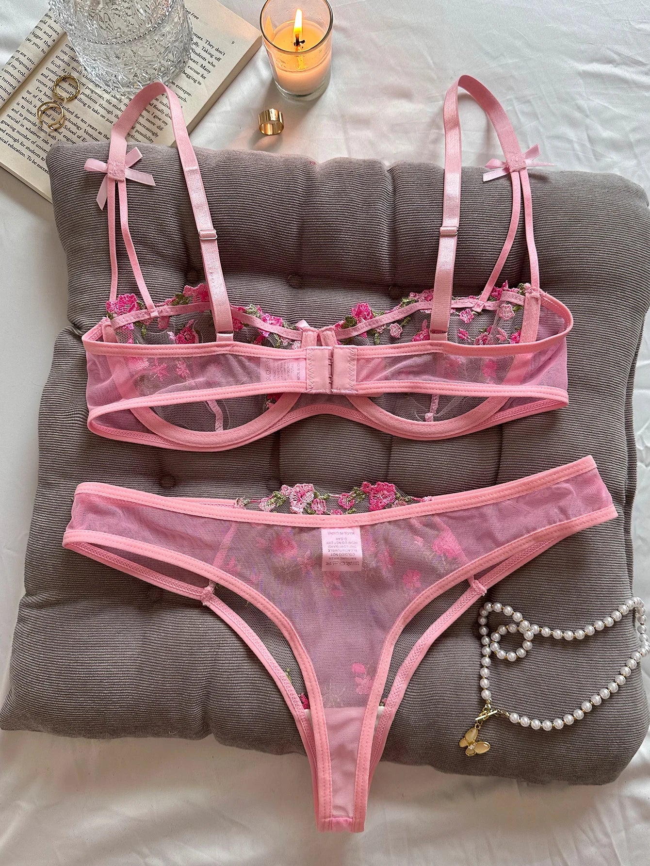 Ladies Pink Embroidered Floral Print Underwear Set Feminine Elegant Small Motif Lace Detail Comfortable Women's Nightgown
