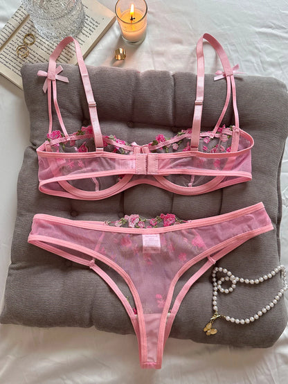 Ladies Pink Embroidered Floral Print Underwear Set Feminine Elegant Small Motif Lace Detail Comfortable Women's Nightgown
