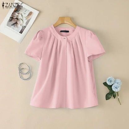 ZANZEA Women Summer Blouse Fashion Short Sleeve Tunic Tops Pleated Casual Office O-Neck Tee Streetwear Blusas Oversize Tunic