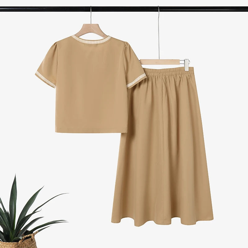 2026 ZANZEA Elegant Women Short Sleeve Patchwork Shirt Midi Dress Sets Summer 2 Pieces Sets Stylish OL Work Outfits Skirt Suit