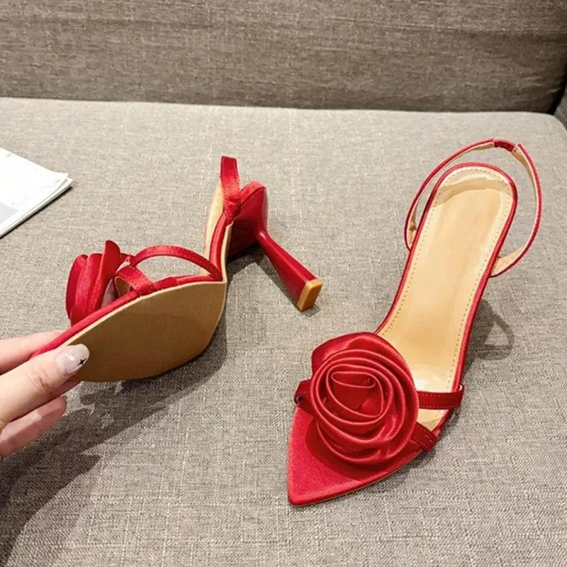 Summer Fashion Silk Rose Flowers Back Strap Heeled Sandals Women Pointed Open Toe Red High Heels Wedding Prom Shoe Zapatos Mujer