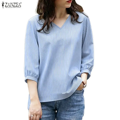 ZANZEA Woman Minimalist Striped Blouses Casual V-Neck 3/4 Puff Sleeve High-Low Tops Spring Summer Day Wear Blusas de Mujer