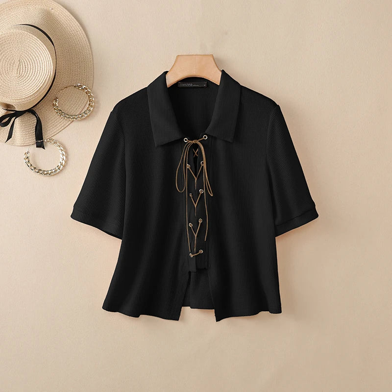 ZANZEA Women's Korean Elegant Waffle Shirt Turn-Down Collar Lace-Up Front Short Sleeve Tops Summer Casual Loose Chemises Femme