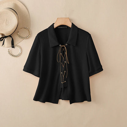 ZANZEA Women's Korean Elegant Waffle Shirt Turn-Down Collar Lace-Up Front Short Sleeve Tops Summer Casual Loose Chemises Femme