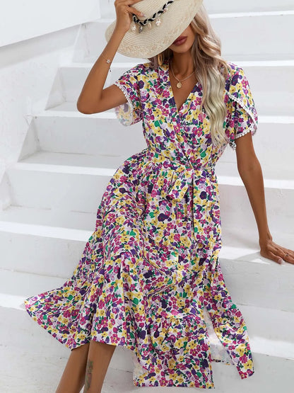 Women's Retro Floral Lace-up Short Sleeves Dresses 2025 Summer New Casual Vacation Ladies Lace V-neck Slit A-line Midi Dress