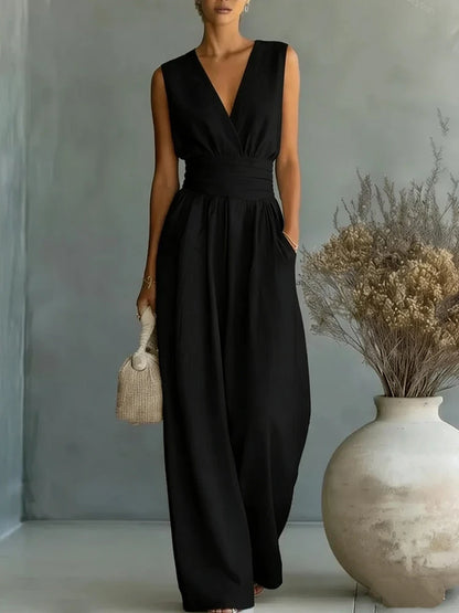 Women Elegant High Waist Jumpsuits Summer Short Sleeve Wide Leg Pants Romper Casual V Neck Solid Loose Jumpsuits Streetwear