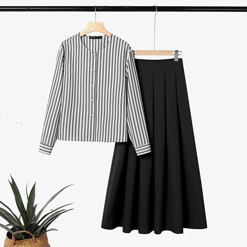 ZANZEA Women Muslim Matching Sets Modest Outfits Summer Long Sleeve Buttons -Up Striped Blouse Elastic Waist Pleated Skirt Suit