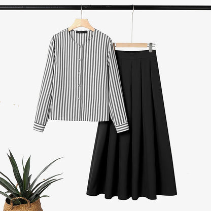 ZANZEA Women Muslim Matching Sets Modest Outfits Summer Long Sleeve Buttons -Up Striped Blouse Elastic Waist Pleated Skirt Suit