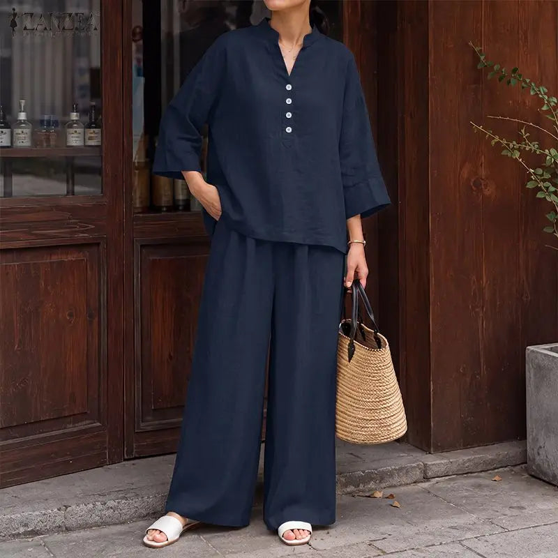 ZANZEA Women Casual Loose Pant Sets V-Neck Long Sleeve Blouse & Wide Leg Pant 2 Piece Matching Sets Autumn Daily Wear Co-ords