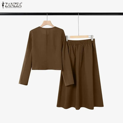 2026 ZANZEA Office Women Outfits 2 Piece Sets Spring Fashion O Neck Long Sleeve Shirt Dress Sets Elegant OL Work Midi Skirt Suit