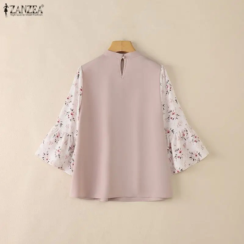 ZANZEA Summer Woman Elegant Blouses Vintage Stand Collar Floral Printed 3/4 Sleeve Pleated Tops Loose Casual Blusas de Mujer