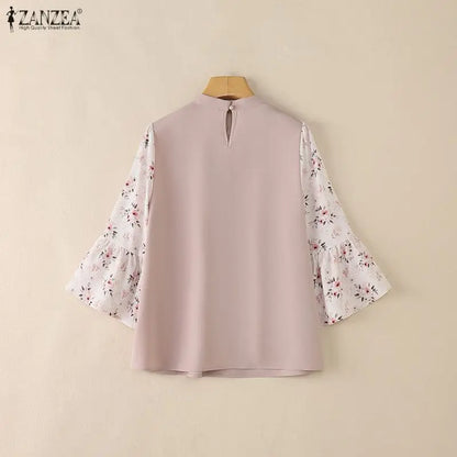 ZANZEA Summer Woman Elegant Blouses Vintage Stand Collar Floral Printed 3/4 Sleeve Pleated Tops Loose Casual Blusas de Mujer