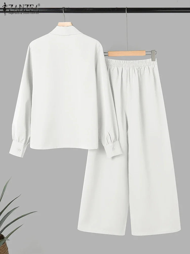 2025 ZANZA Women Lapel Neck Long Sleeve Blouse Trousers Suit Autumn 2PCS Outfits 2 Pieces Sets Elegant Loose Wide Leg Pant Sets