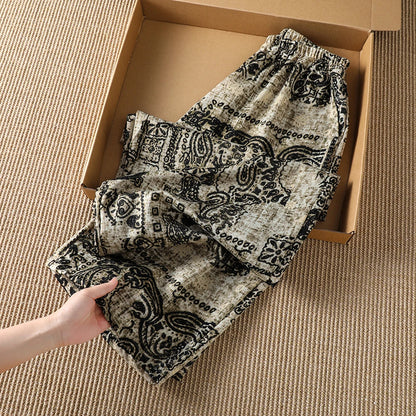 Ladies Casual High Waist Straight Leg Pants Floral Print Elastic Waist plus Size Comfortable Summer Trousers Korean Style