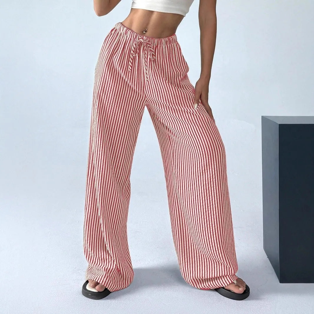 2025 Autumn New Cross border Women's Fashion Loose Striped Drawstring Elastic Waist and Floor Pants from Europe and America