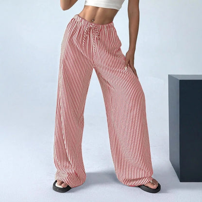 2025 Autumn New Cross border Women's Fashion Loose Striped Drawstring Elastic Waist and Floor Pants from Europe and America