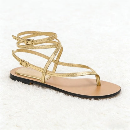 Sexy Gold Ankle Strap Buckle Flat Sandals Women Lightweight Comfort Flip Flops Luxury Designer Cross Strap Summer Shoe Sandalias