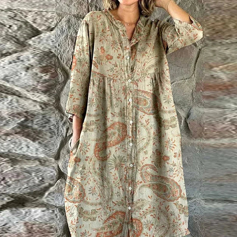 Bohemian Loose Single Breasted Dress Women's Casual O-neck Pocket Commuting Dress Spring Summer Floral Print Long Sleeved Dress