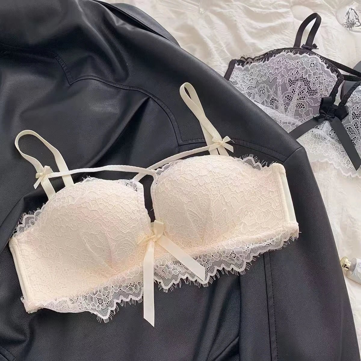 BANERDANNI Kawaii Anime Bra Set Japan Maid Lace Bralette with Thicken Pads Cut-Out Design Small Bust Enhancer Pure-Sex Underwear