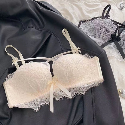 BANERDANNI Kawaii Anime Bra Set Japan Maid Lace Bralette with Thicken Pads Cut-Out Design Small Bust Enhancer Pure-Sex Underwear