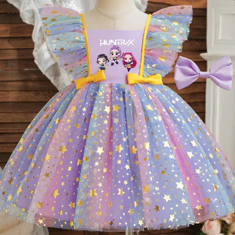 K-Pop Hunters Zoey Rumi Princess Dress for Girls Sequined Star Ruffle Bow Tutu Baby Formal Gala Prom Gown Kids Party Costume