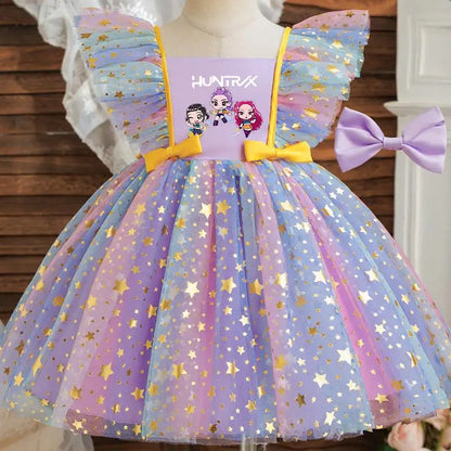 K-Pop Hunters Zoey Rumi Princess Dress for Girls Sequined Star Ruffle Bow Tutu Baby Formal Gala Prom Gown Kids Party Costume
