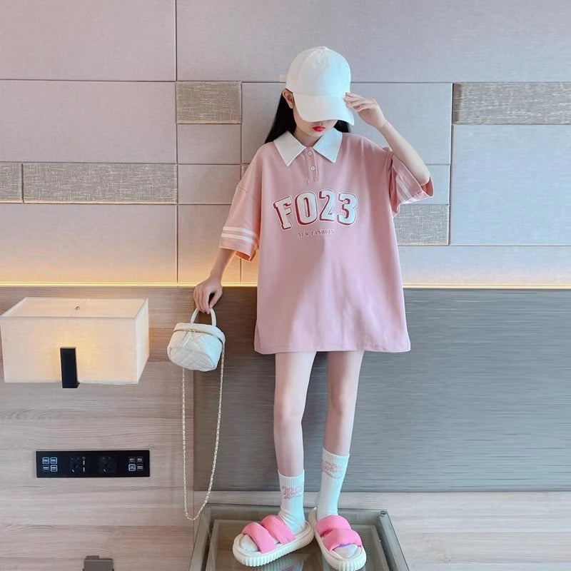 2026 Girls Summer Short Sleeve Polo Style Shirt Loose Fit Cotton Casual Top for Big Kids Trendy Cute Fashion Tee New Arrival