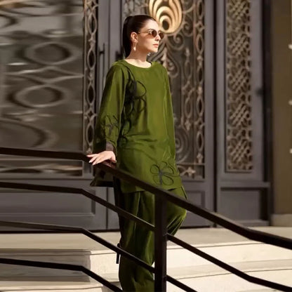 Muslim Sets Women Top Blouse Wide Leg Pants Suit Flower Outfits Modest Morocco Ramadan Dubai Islam Trousers Ensemble 2025