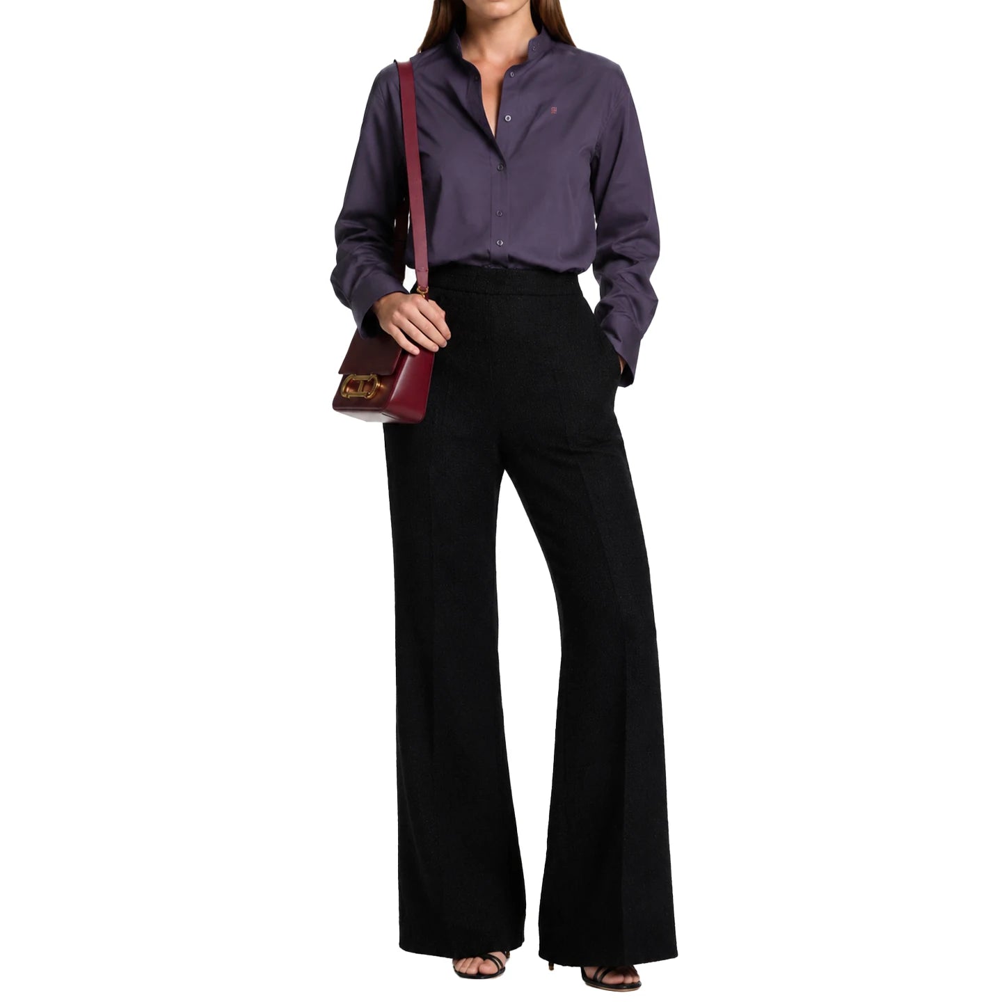 CH Logo Embroidered Solid Color Women Mandarin Collar Long Sleeve Shirt Regular Fit Sleek Minimalist Casual Tops
