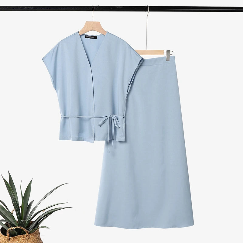 ZANZEA 2PCS Stylish Women V Neck Short Sleeve Blouse Dress Sets Summer Outfits Elegant 2 Pieces Sets Solid OL Work Skirt Suit